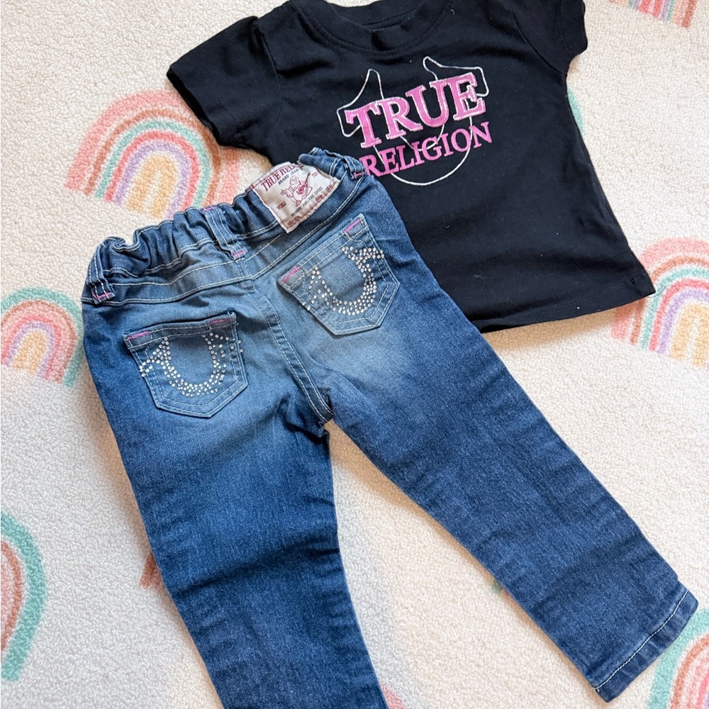 True Religion Black Tee with Pink Logo & Blue Rhinestone Jeans